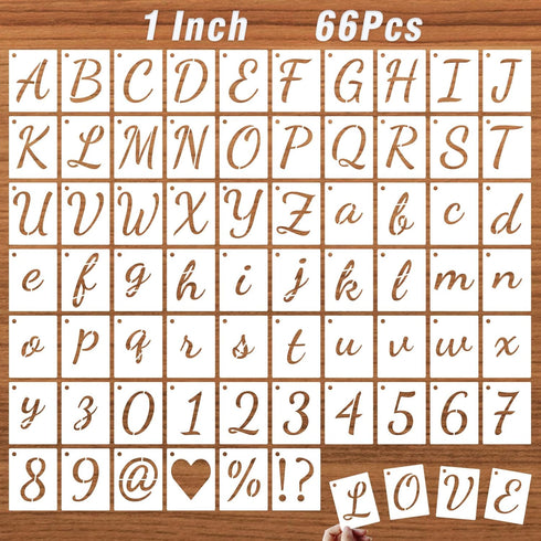 1 Inch Letter Stencils Kits, 66 Pcs Calligraphy Alphabet Stencils and Number Stencils for Painting on Wood, Cursive Lettering Stencil Upper and Lo...
