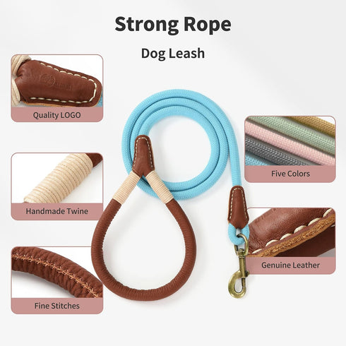 Mile High Life Dog Leash | Strong Rope Dog Leash w Premium Leather Tailor Handle | 5 Feet Dog Leash w Heavy Duty Clasp | Blue Rope Leash for Small...