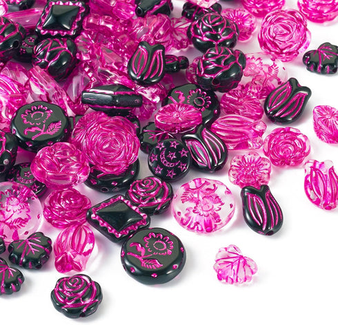90pcs Acrylic Flower Beads Hot Pink Black Plastic Beads Vintage Rose Tulip Flower Loose Beads for DIY Bracelets Necklace Key Chains Jewelry Making...