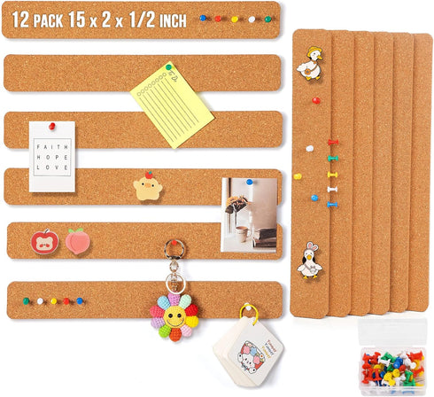 Small Cork Board, 12 Pack 15 x 2 x 0.5 in Adhesive Cork Board Strips for Walls Office with 50 Push Pins for Paste Notes, Photos, Schedules, Photos...