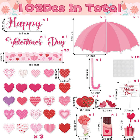 Summer Umbrella Heart Cutouts - 102Pcs Happy Valentine's Day Love Flowers Chocolate Bulletin Board Cutouts Classroom Decoration Umbrella Heart Tri...