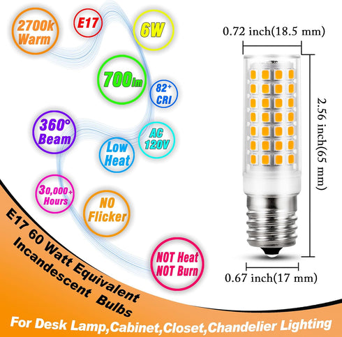 E17 LED Ceiling Fan Light Bulb 6W (60W Halogen Equivalent) 2700K Warm White 700lm 120V LED Intermediate Base Bulb for Appliance,Desk Lamp,Cabinet,...