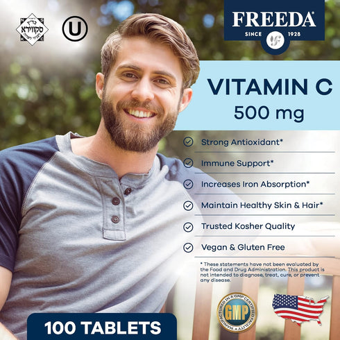 FREEDA Vitamin C - Vegan Vitamin C 500mg - Kosher - Powerful Antioxidant Immune Support - Easy to Swallow Vitamins C Tablets as Ascorbic Acid - Pu...