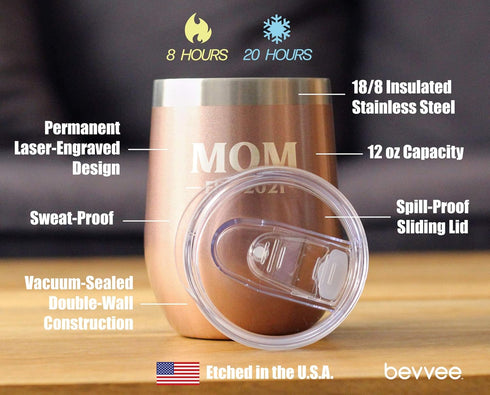 Bevvee Mom Est 2021 - New Mother Wine Tumbler with Sliding Lid - Stemless Stainless Steel Insulated Mug - Bold Outdoor Camping Gift - Rose Gold...
