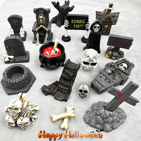Halloween Miniature Figurines - 18Pcs Resin Ghost Tombstones Skull Heads Scene Ornaments Halloween Garden Accessories Mini Halloween Decorations f...