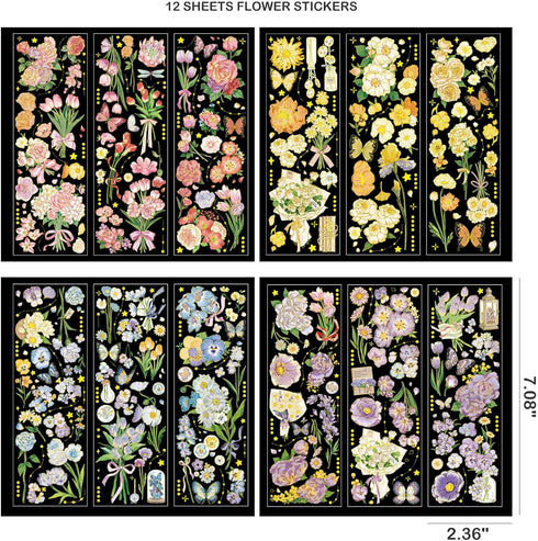 Vintage Flowers Stickers Set for Journaling - Maxleaf 12Sheets Clear Waterproof 3D Flowers Scrapbook Supplies Gold Foil Stickers Pack for Art Bull...