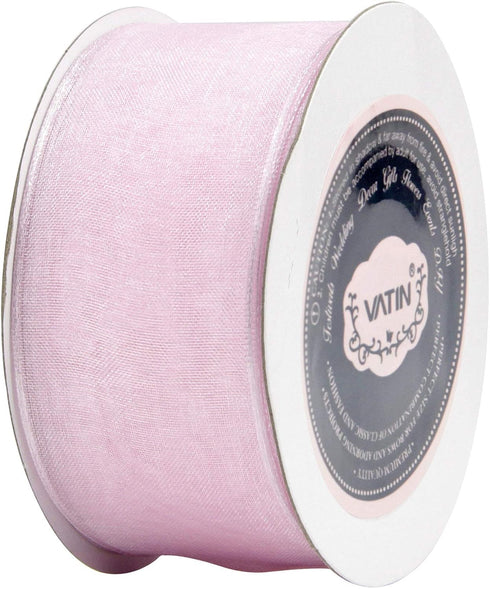 VATIN Light Pink Organza Wired Ribbon, 1-1/2" Pink Sheer Ribbon with Metallic Edge for Christmas Tree Decoration Gift Wrapping Wedding Crafts -25 ...