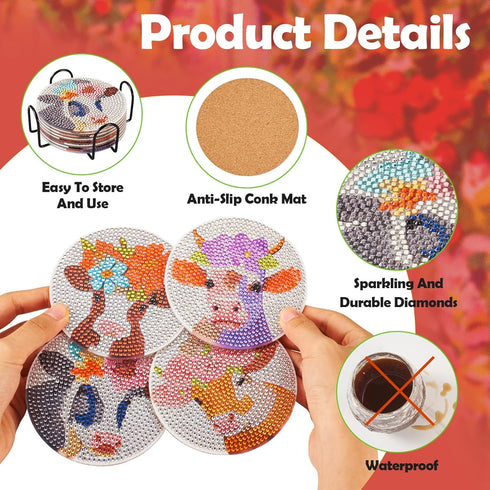 8Pcs Cattle Diamond Painting Coaster 5D Flower Pattern Diamond Painting Art Cup Mat with Holder DIY Crafts Supplies for Adult Beginner Teens...