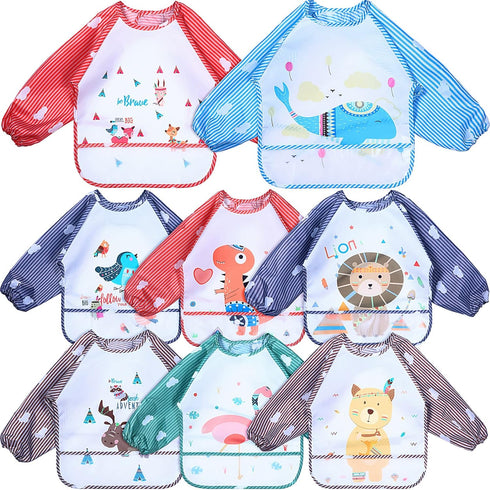 Zhanmai 8 Pack Baby Waterproof Sleeved Bib Infant Art Smock Apron Baby Bibs for Eating Long Sleeve Bibs for Babies Animal Pattern Toddler Bib with...
