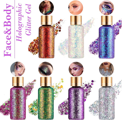 Holographic Body Glitter Gel for Face, Body, Nail, Super Long Lasting Waterproof Quick Dry Liquid Chunky Glitter Eyeshadow for Rave Festival Party...