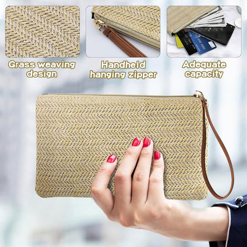 Straw Clutch Purse with Handle, Straw Handbag Clutch Purses for Women, Bohemian Wristlet Purse Summer Straw Purse...