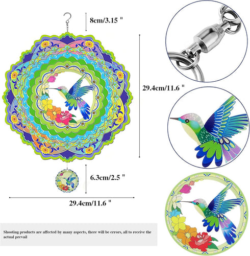 Hummingbird Wind Spinners for Yard and Garden,3D Wind Spinner, 12 inch Metal Wind Sculpture Stainless Steel Wind Catchers for Outdoor Indoor Craft...