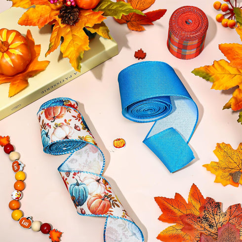 3 Roll Fall Wired Edge Ribbon 30 Yards 2.5 Inch Blue Orange Autumn Thanksgiving Pumpkin Buffalo Plaids Ribbon for Bow Wreath Craft Gift Wrap Farmh...