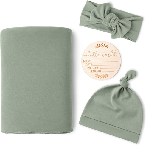 Konssy Baby Girl Newborn Receiving Blanket with Matching Headband and Beanie Set Baby Swaddle Nursery Swaddle Wrap(Light Green)...