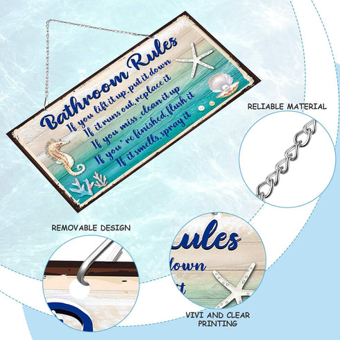 Seashell Bathroom Rules Decor Signs Wall Ocean Theme Beach Seashell Starfish Decor for Metal Sign Hanging Wall Funny Bathroom Rules Art Decorative...