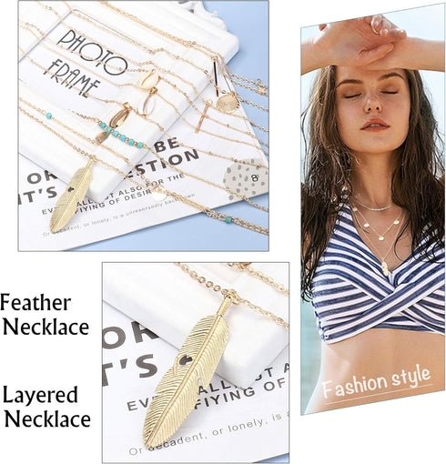 JOERICA 16 Pcs Gold Layered Necklaces Choker Chain Y Necklace Set for Women Disc Bar Shell Feather Horn Blessed Virgin Mary Pendant Necklace Jewel...