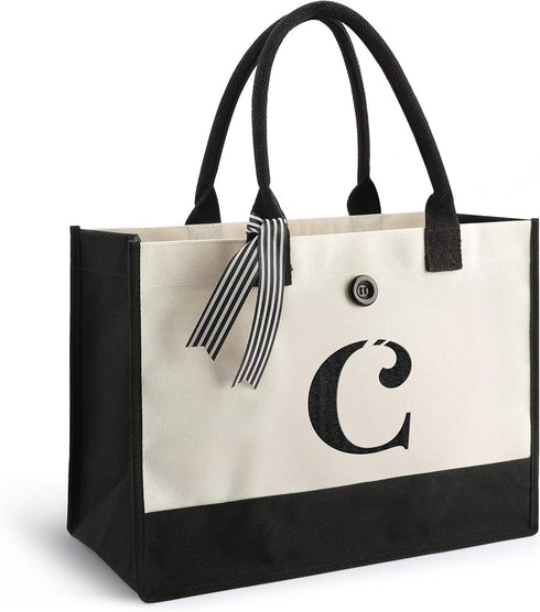YOOFAN Initial Canvas Tote Bag - Personalized Monogrammed Gift Tote Bag for Wedding, Birthday, Beach, Holiday - Gift for Women, Mom, Teachers, Fri...