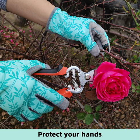 Leather Gardening Gloves for Women, Breathable Spandex & Thorn Proof Garden Gloves for Weeding Planting Digging, Flexible Touch Screen Grip - Medi...