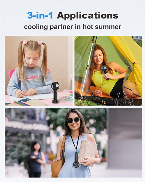 2-Pack Handheld Fan Portable Fan for Travel 3 Speeds Powerful Mini Fan Battery Operated Personal Fan USB Small Fan with Base Lanyard for Beach Tri...