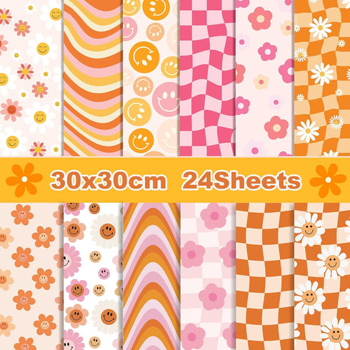 Boho Daisy Face Checkered Gift Scrapbook Paper Pad - 24 Pcs Retro Groovy Checkered Decorative Craft Double-Sided Decopodge Cardstock for DIY Decor...