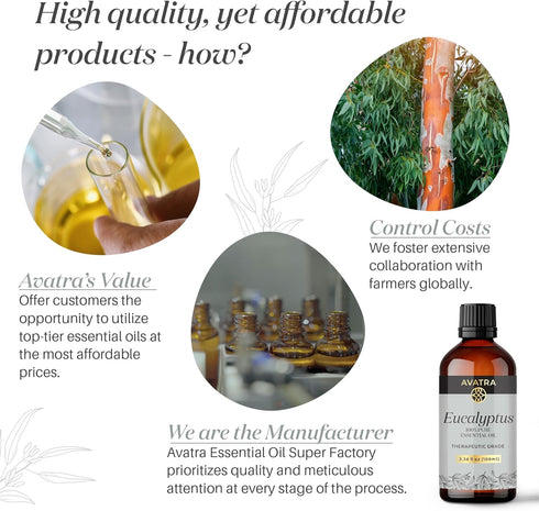 Avatra Eucalyptus Essential Oil, Pure & Natural Therapeutic Grade Essential Oil | for Clear Skin Strong Hair | Aromatherapy, Diffuser- 3.38 Fl Oz...