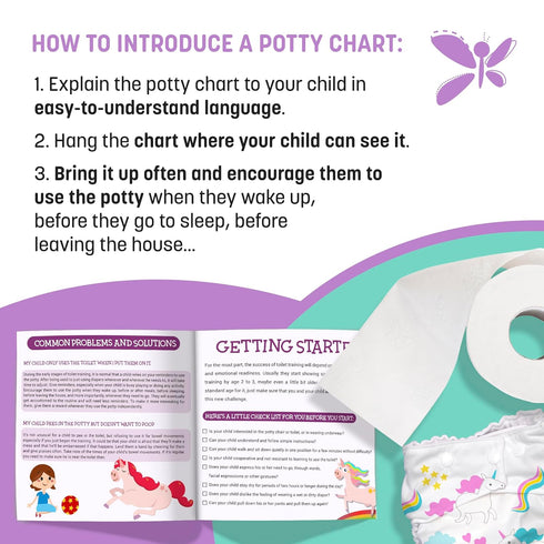 Potty Training Chart for Toddlers Girls, Unicorn Design - Sticker Chart, 4 Week Reward Chart - 213 Cute Stickers, Certificate, Instruction Booklet...