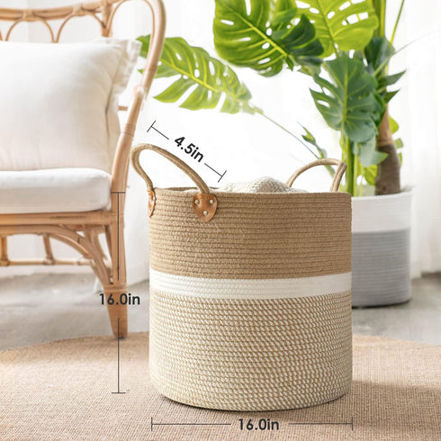 CHICVITA Extra Large Woven Storage Basket with Handles – Laundry Basket Toy Towels Jute Blanket Basket Home Decor Gift, 16" x 16", White...