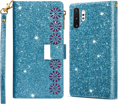 Phone Case for Samsung Galaxy Note 10 Plus Note10+ 5G Wallet Cover with Screen Protector and Wrist Strap Bling Glitter Flip Zipper Card Holder Cel...