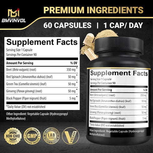 Beet Root Capsules - Green Tea, Red Spinach, Ginseng, Black Pepper - 90 Count - Supports Digestive, Immune System, Energy Levels - 3 Month Supply...
