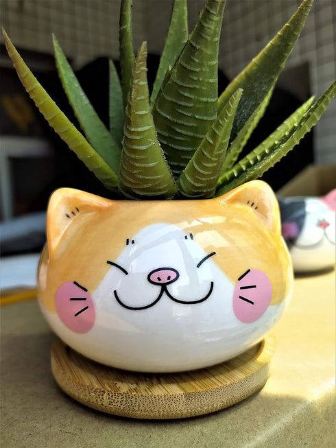 Cute 3.5 Inches Indoor Cartoon Animal Cat Shaped Ceramic Succulent Cactus Flower Plant Pots with Bamboo Tray (Plant Not Included) (Yellow)...