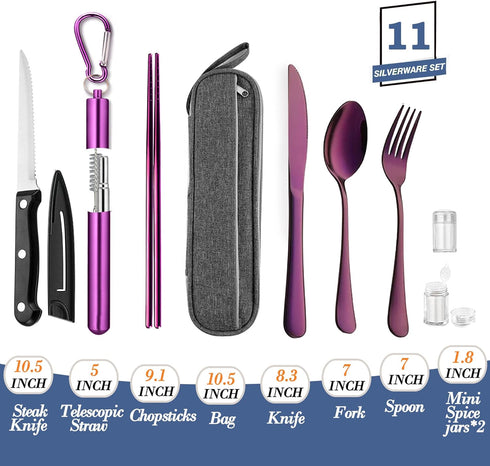 Portable Travel Reusable Utensils Silverware with Case,Travel Camping Cutlery set,Chopsticks and Straw Flatware, Stainless steel Travel Utensil se...