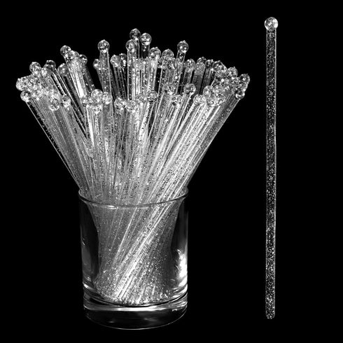 100 Pieces Disposible Plastic Round Top Crystal Swizzle Sticks (Silver)...