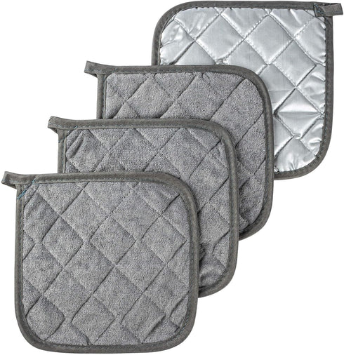 Cotton Pot Holders for Kitchen - MAQIHAN 4pcs Square Pot Holders Sets Hot Pads Set Gray 7 inch Terry Cloth Pot with Holder Cotton Potholders Small...