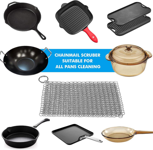 Cast Iron Scrubber 316 Stainless Steel Skillet Cleaner 8"x6" Chainmail Scrubber Scraper Chain Mail Link Scrub for Cast Iron Pre-Seasoned Pans, Gri...