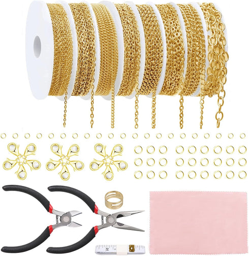 Fesorsi Gold Necklace Chain for Jewelry Making, 65ft 8 Style Jewelry Bracelet Chain Roll Rolled Steel DIY Bulk Link Plated Permanent for Earring A...