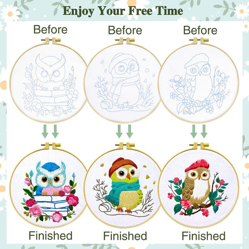 ASTNIC Embroidery Kit for Beginners, 3 Sets Owl Hand Embroidery Kit with Hoop Needle Video Step by Step Instructions DIY Knitting Kit Arts and Cra...