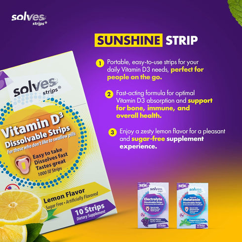 Solves Strips® Swift Vitamin D3 Uptake - Lemon Zest Twist, High Potency, Sugar Free, All-Natural, Pill-Free, Daily Bone & Immune Health Essential ...