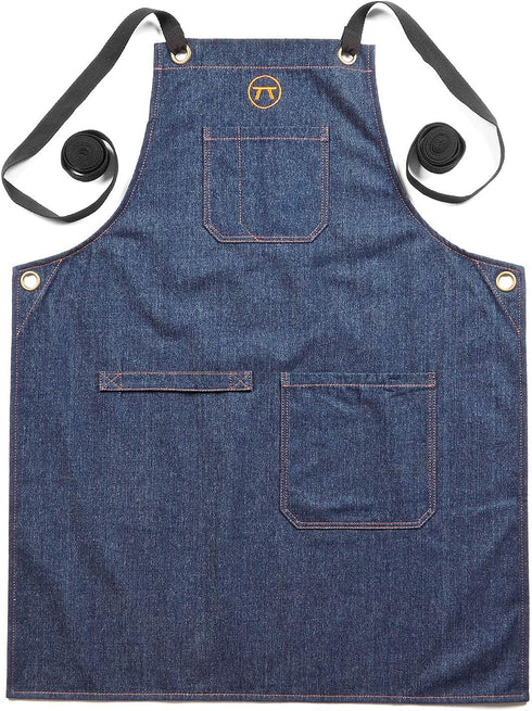 Outset Grill and Kitchen Apron, Cross Back Blue Denim Apron With Pockets, 27" x 30"...