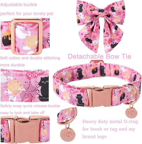 Halloween Dog Collar with Bow Tie & Flower, Cotton Bowtie & Flower Dog Collar for Boys or Girls Dogs, Cute Pink Comfortable Pet Collar with Metal ...