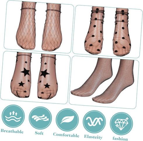 BESTOYARD 4 Pairs Women Ankle High Socks Sheer Slouch Socks Transparent Lace Socks, Black, Medium...