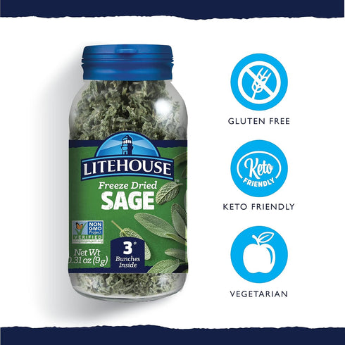 Litehouse Freeze Dried Sage - Substitute for Fresh Sage, Jar Equal to 3 Sage Fresh Bunches, Organic, Sage Seasoning, Non-GMO, Gluten-Free - 0.30 O...