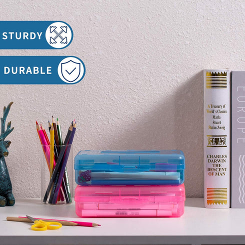 Sooez 3 Pack Large Capacity Hard Pencil Case, Plastic Crayon Pencil Boxes Bulk with Snap-tight Lid, Clear Storage Box Craft Pen Art Marker Organiz...