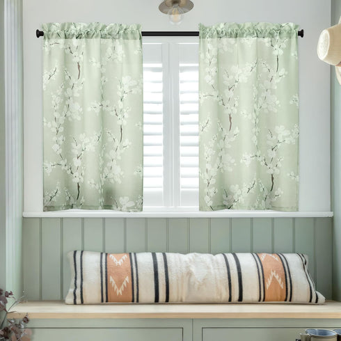 FMFUNCTEX Green White Kitchen Tier Curtains 24 Inch Length Blossom Print Half Window Drapes for Bathroom Floral Patterned Light Filtering Privacy ...