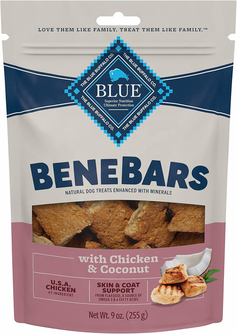 Blue Buffalo Benebars Natural Dog Treats, Skin and Coat Support, Chicken and Coconut, 9oz Bag...
