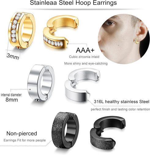 FIBO STEEL 9 Pairs Non-Piercing Earrings Stainless Steel Clip On Hoop Earrings For Men Women Paved CZ Ear Clip...