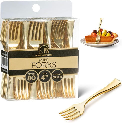 Posh Setting - Plastic Mini Gold Forks, Gold Mini Forks, Gold Plastic Mini Dessert Forks, Disposable Tiny Gold Forks, 4 inch Gold Plastic Forks, T...