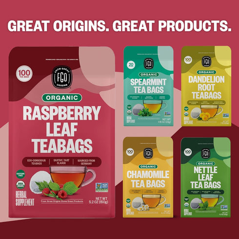 FGO Organic Red Raspberry Leaf Tea Bags, 100 Eco-Conscious Tea Bags, Caffeine Free, Imported from Germany, Reseable Bag, Packaging May Vary (Pack ...