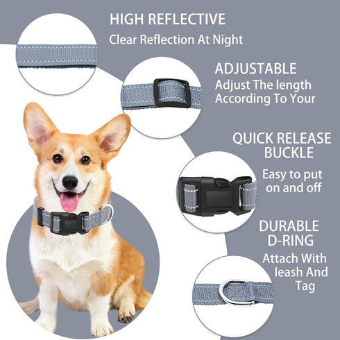Reflective Dog Collar with Safety Locking Buckle, Adjustable Soft Breathable Nylon Collars for Small, Medium and Large Dogs(Collar+Leash XS Width ...