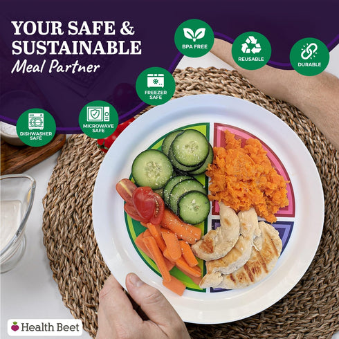 Health Beet 10” Macro Diet Portion Control Plate for Balanced Eating -3 Flat Sections for Veggies Carbs & Protein - Microwave & Dishwasher Safe Ba...