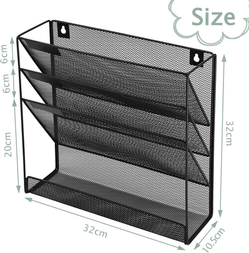 3 Pockets Mesh Wall File Holder Organizer with Bottom Flat Tray, Office Hanging File Folder Magazine Rack, Nametag Label Hooks Set Included, Black...
